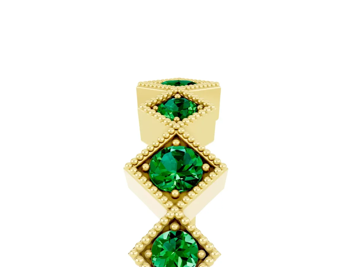 Milgrain Square Bezel Round Emerald Chevron Band Yellow gold