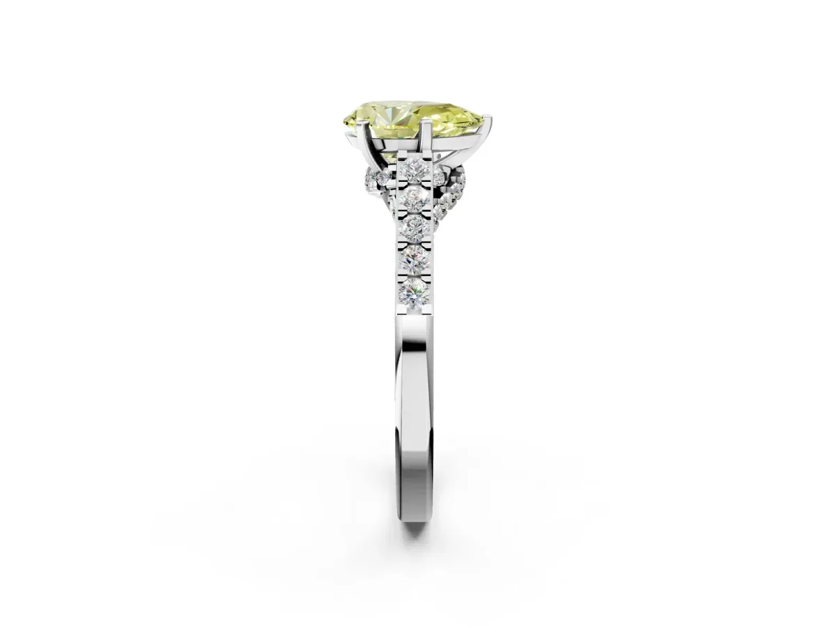 Fancy Yellow Pear Cut Diamond Solitaire Ring with Crossover Gallery and Round Pavé Band Silver