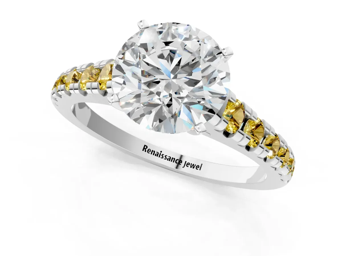 Round Cut Diamond Cathedral Solitaire Ring with Round Yellow Sapphire Pavé Band Silver