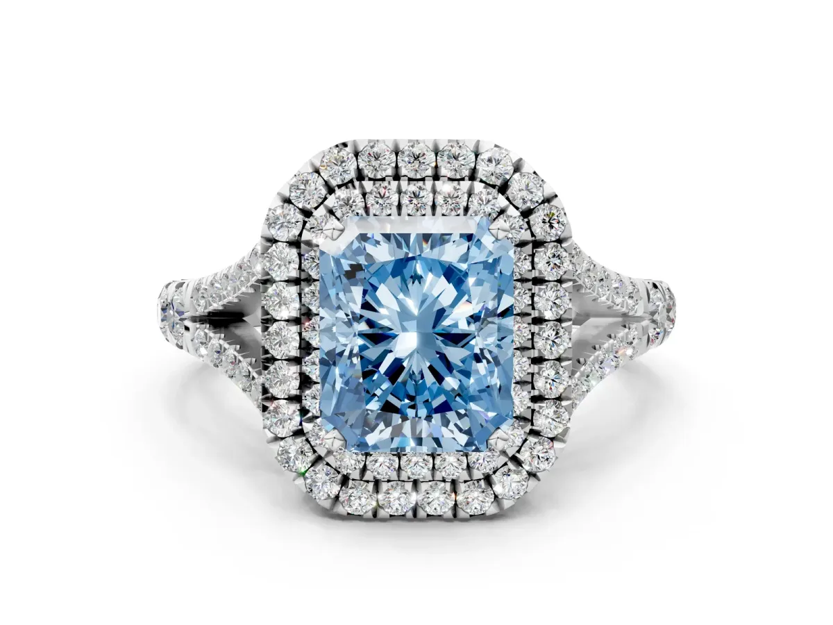 Fancy Blue Radiant Cut Cut Double Halo Split Shank Diamond Ring with Prong Setting Platinum