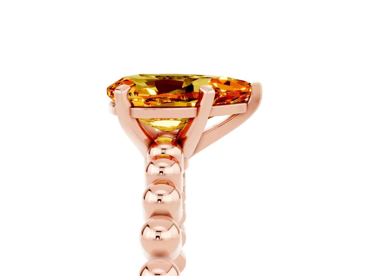 Pear Cut Citrine Solitaire Ring with Beaded Band and Prong Setting Rose gold