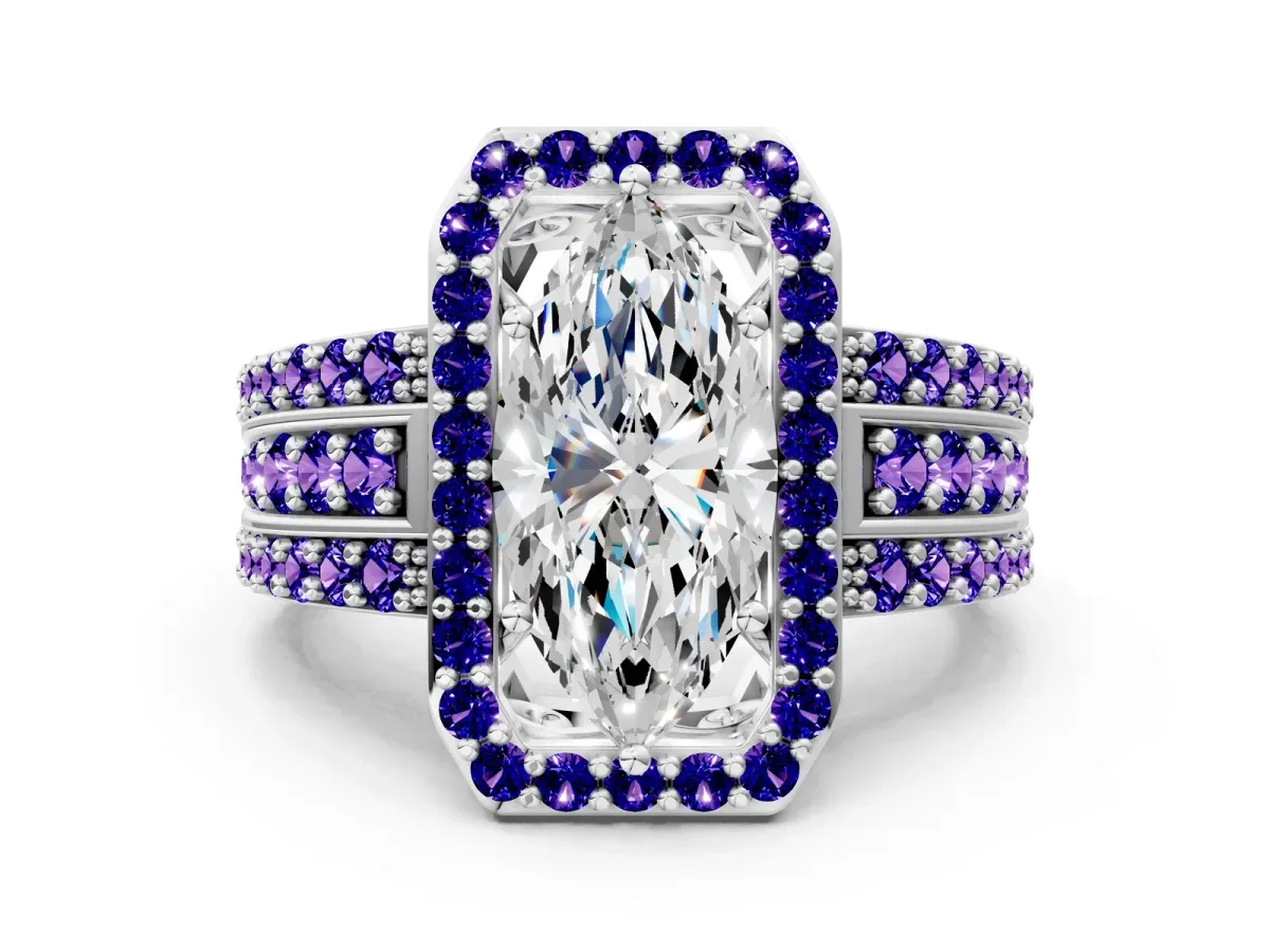 Marquise Cut Halo Diamond Ring with Round Tanzanite Split Shank and Prong Setting Silver