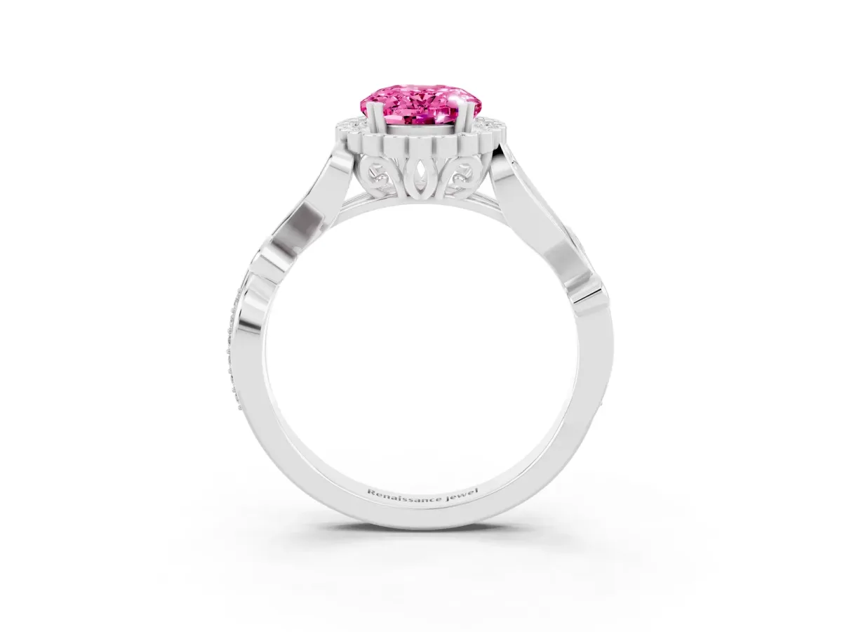 Oval Cut Pink Sapphire Halo Ring with Vintage Split Shank and Four-Prong Setting Silver