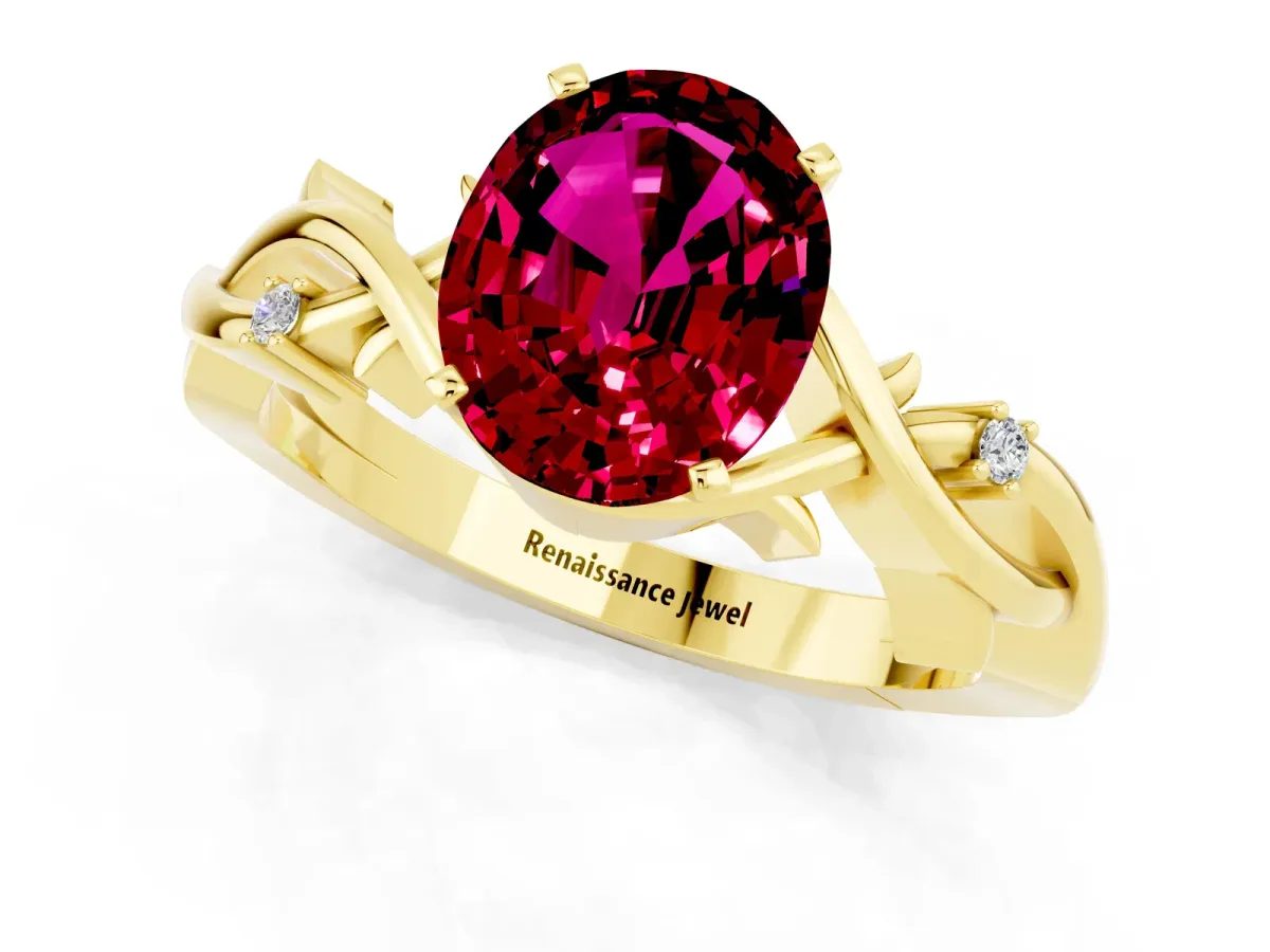 Oval Cut Garnet Solitaire Ring with Twisted Band and Prong Setting Yellow gold