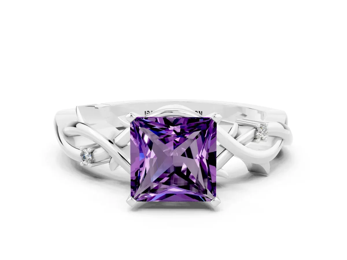 Princess Cut Amethyst Solitaire Ring with Twisted Band and Prong Setting Platinum