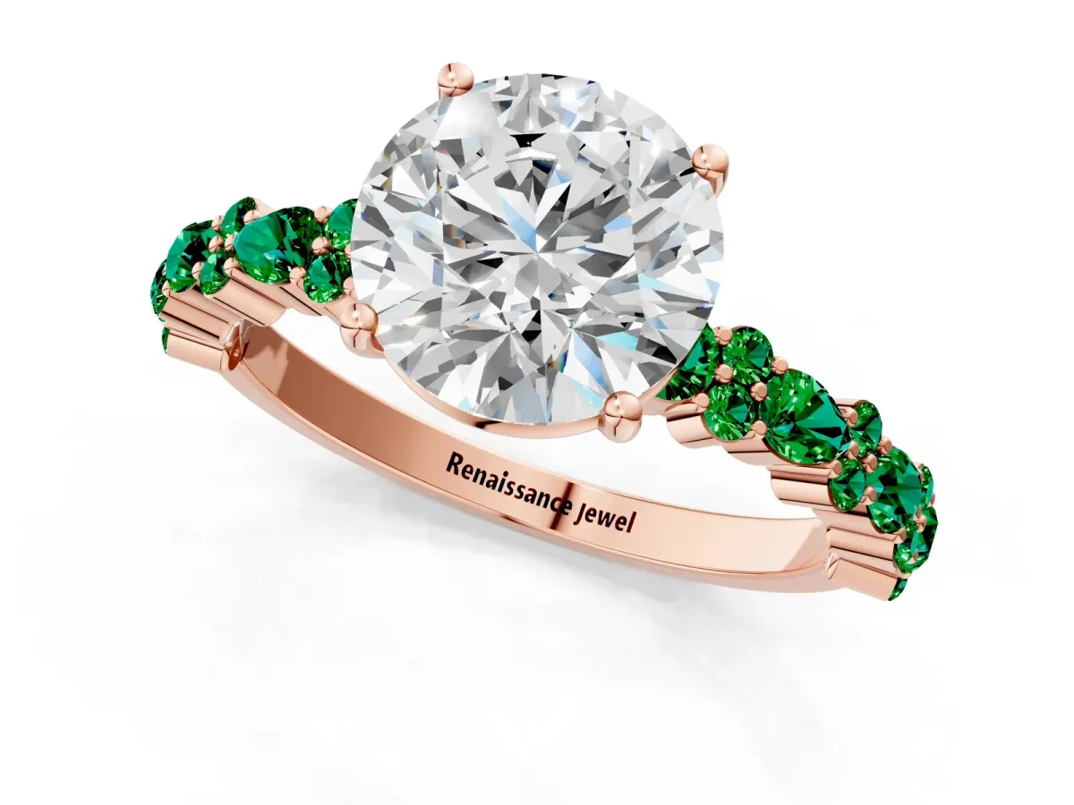 Round Cut Diamond Side Stone Solitaire Ring with Round Emerald and Four-Prong Setting Rose gold