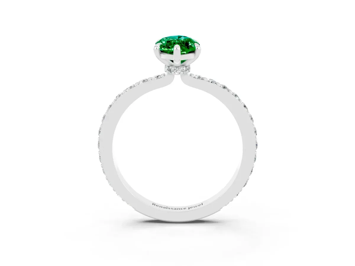 Marquise Cut Emerald Solitaire Engagement Ring with Pavé Band and Four-Prong Setting Silver