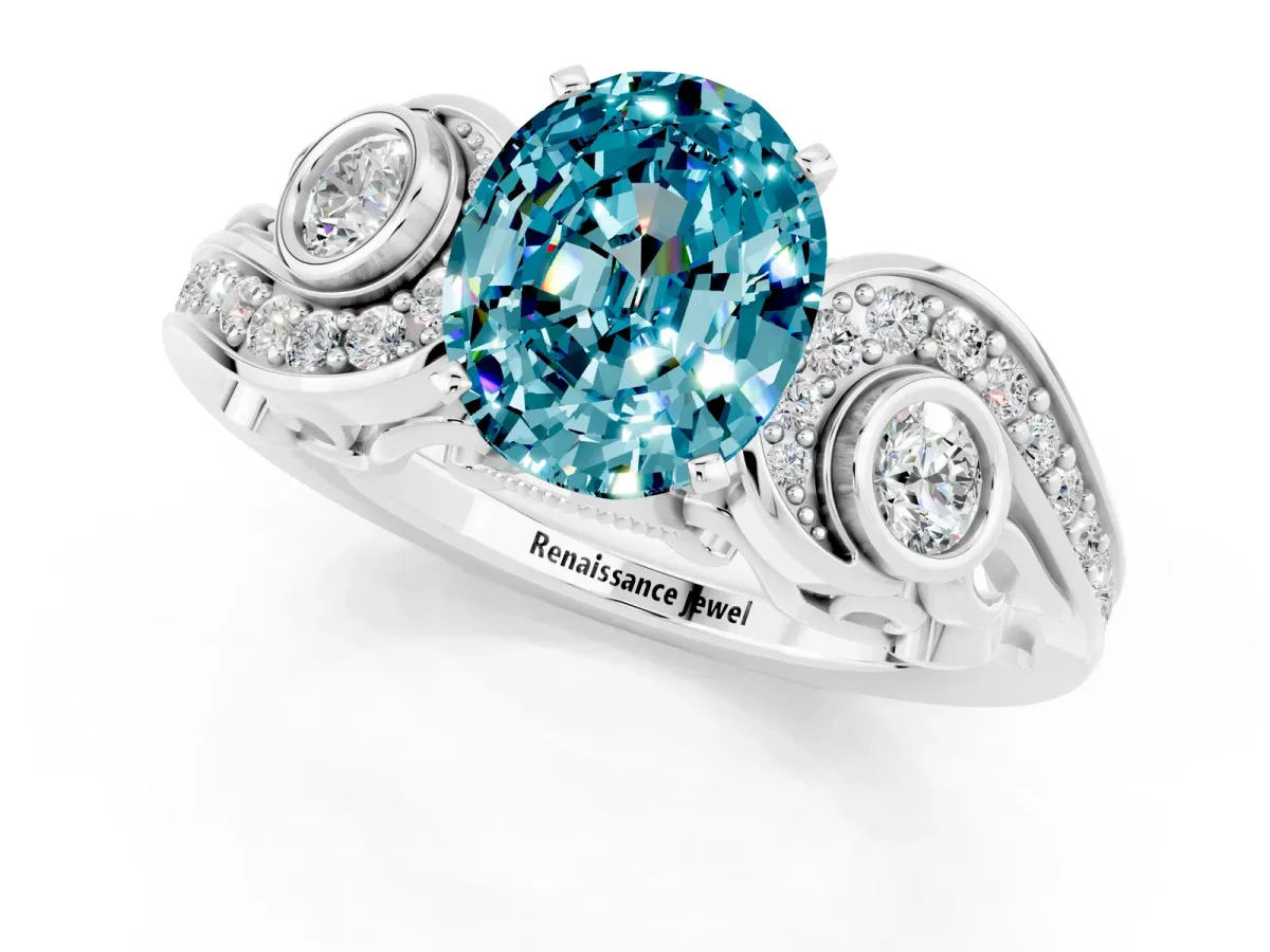 Oval Cut Blue Topaz Solitaire Ring with Milgrain Pavé Band and Four-Prong Setting Silver