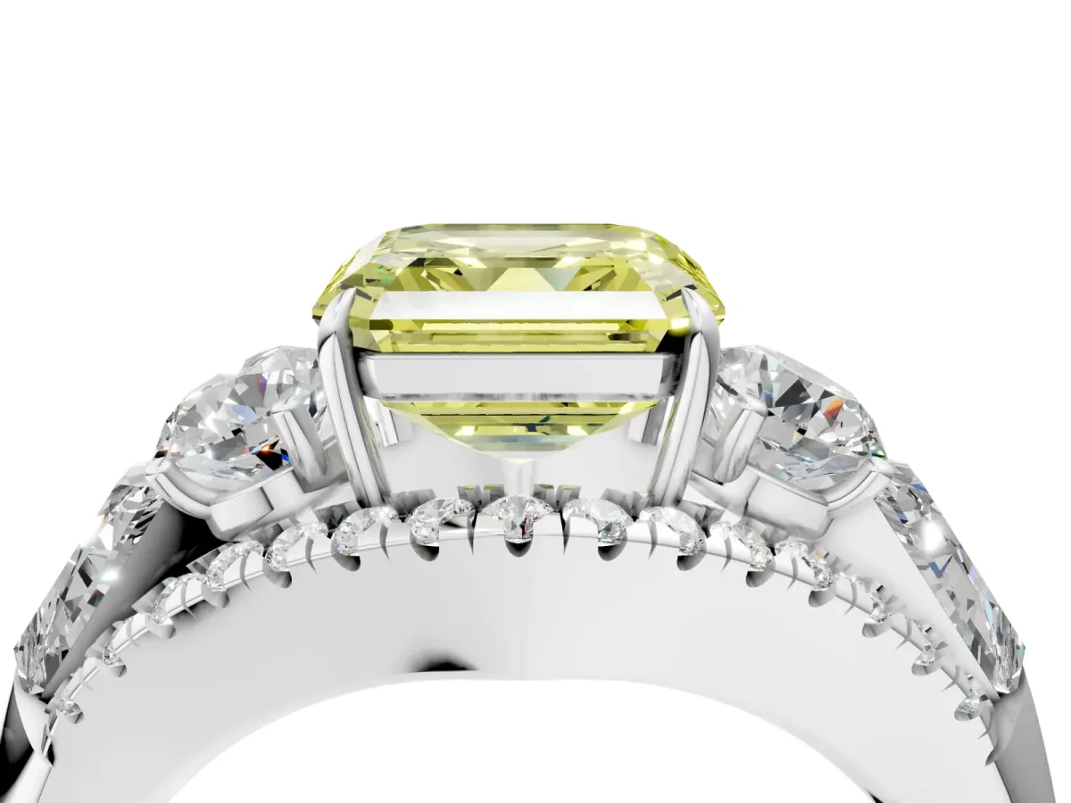 Fancy Yellow Three-Stone Asscher Cut Diamond Engagement Ring with Pave Band and Prong Setting Platinum