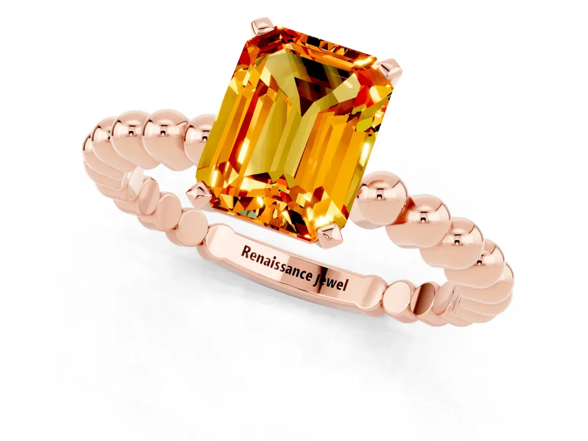Emerald Cut Citrine Solitaire Ring with Beaded Band and Prong Setting Rose gold