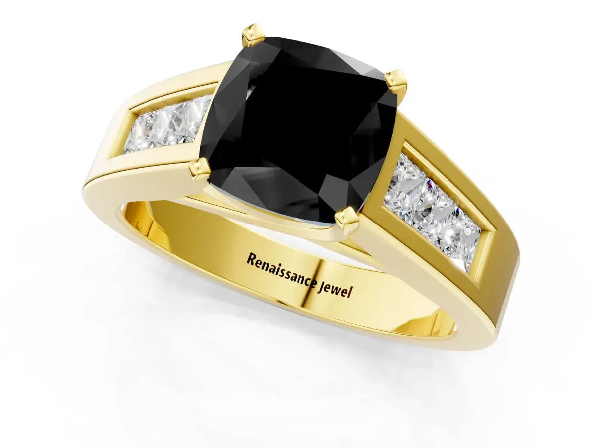 Fancy Black Cushion Cut Cut Channel Set Solitaire Ring with Four-Prong Setting Yellow gold