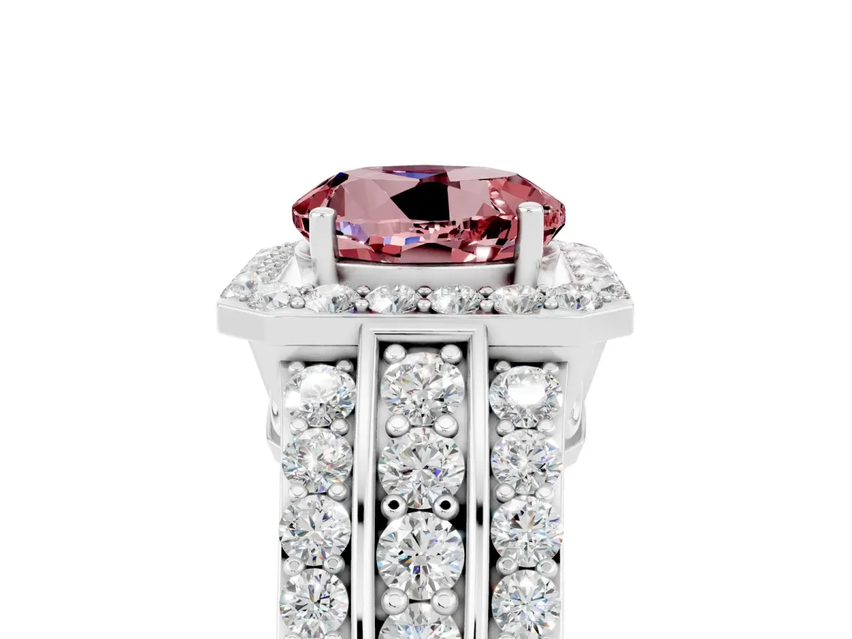 Round Cut Halo Morganite Ring with Round Split Shank and Prong Setting Platinum