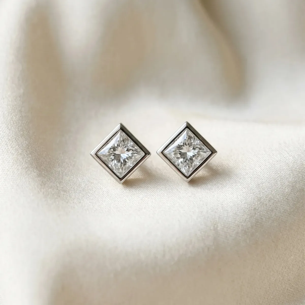 Princess Cut Bezel Set Diamond Stud Earrings White gold