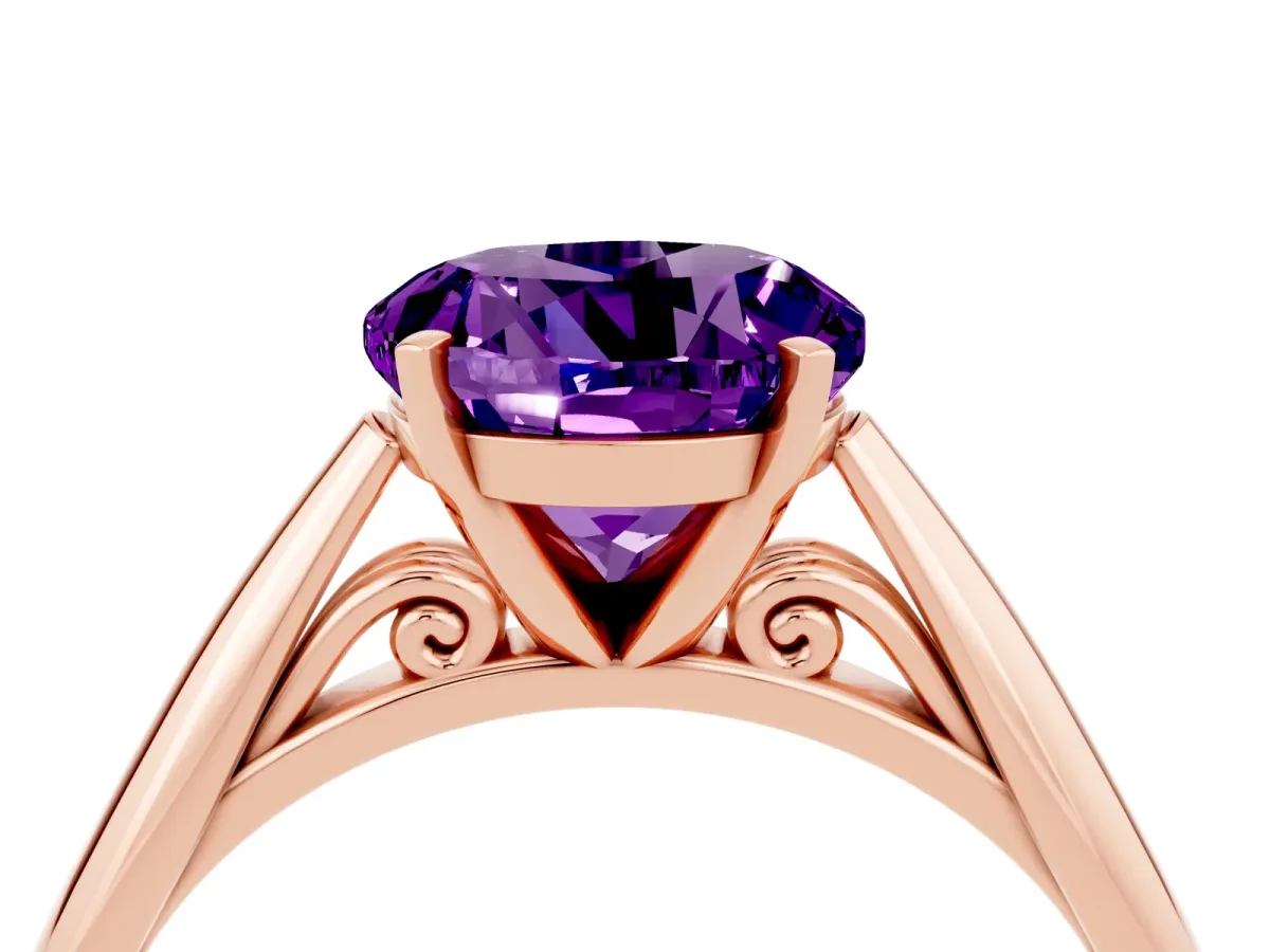 Round Cut Amethyst Solitaire Engagement Ring with Cathedral Setting and Four-Prong Mount Rose gold