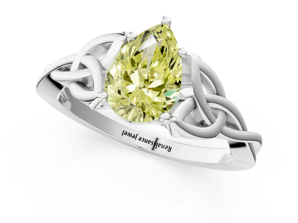 Fancy Yellow Pear Cut Diamond Solitaire Engagement Ring with Celtic Knot Band and Four-Prong Setting Silver