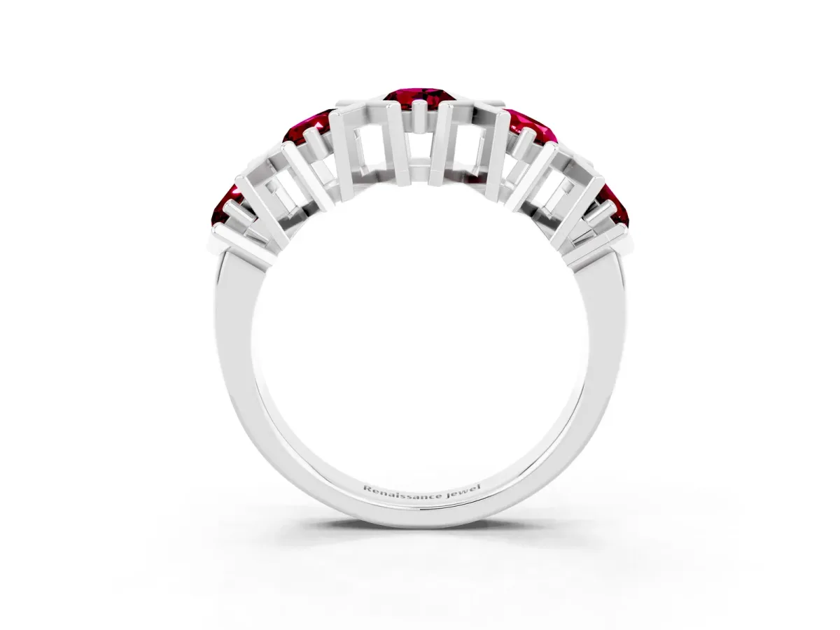 Round Garnet Channel Set Band with X-Prong Detail Silver
