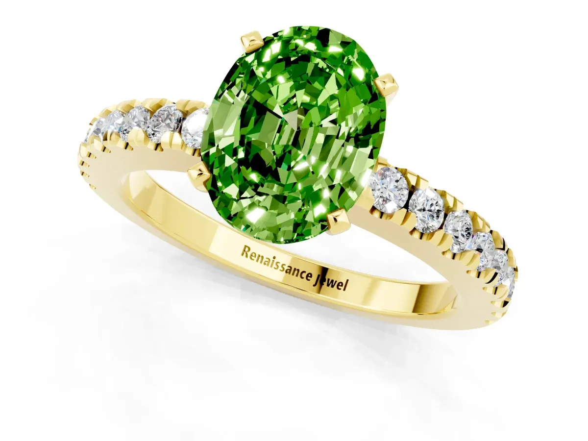 Oval Cut Solitaire Peridot with Pavé Band and Four-Prong Setting Yellow gold