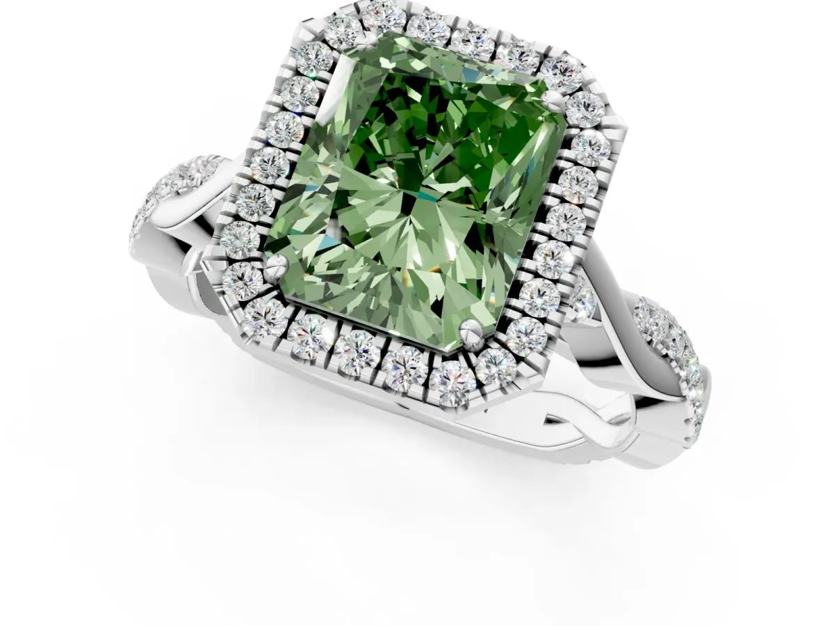 Fancy Green Radiant Cut Halo Twist Band Solitaire Ring Platinum