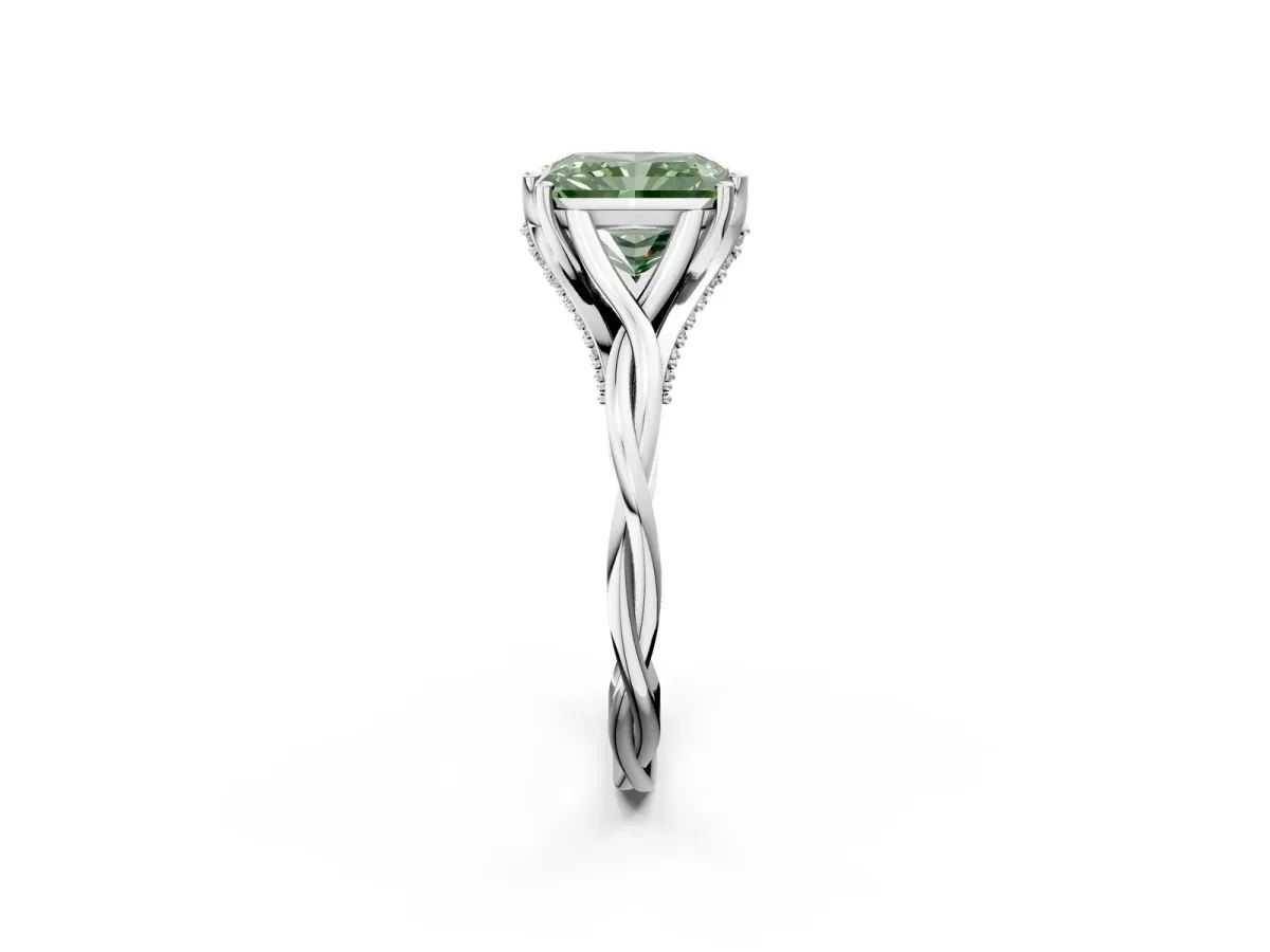 Fancy Green Radiant Cut Solitaire Twist Band Six-Prong Setting Platinum