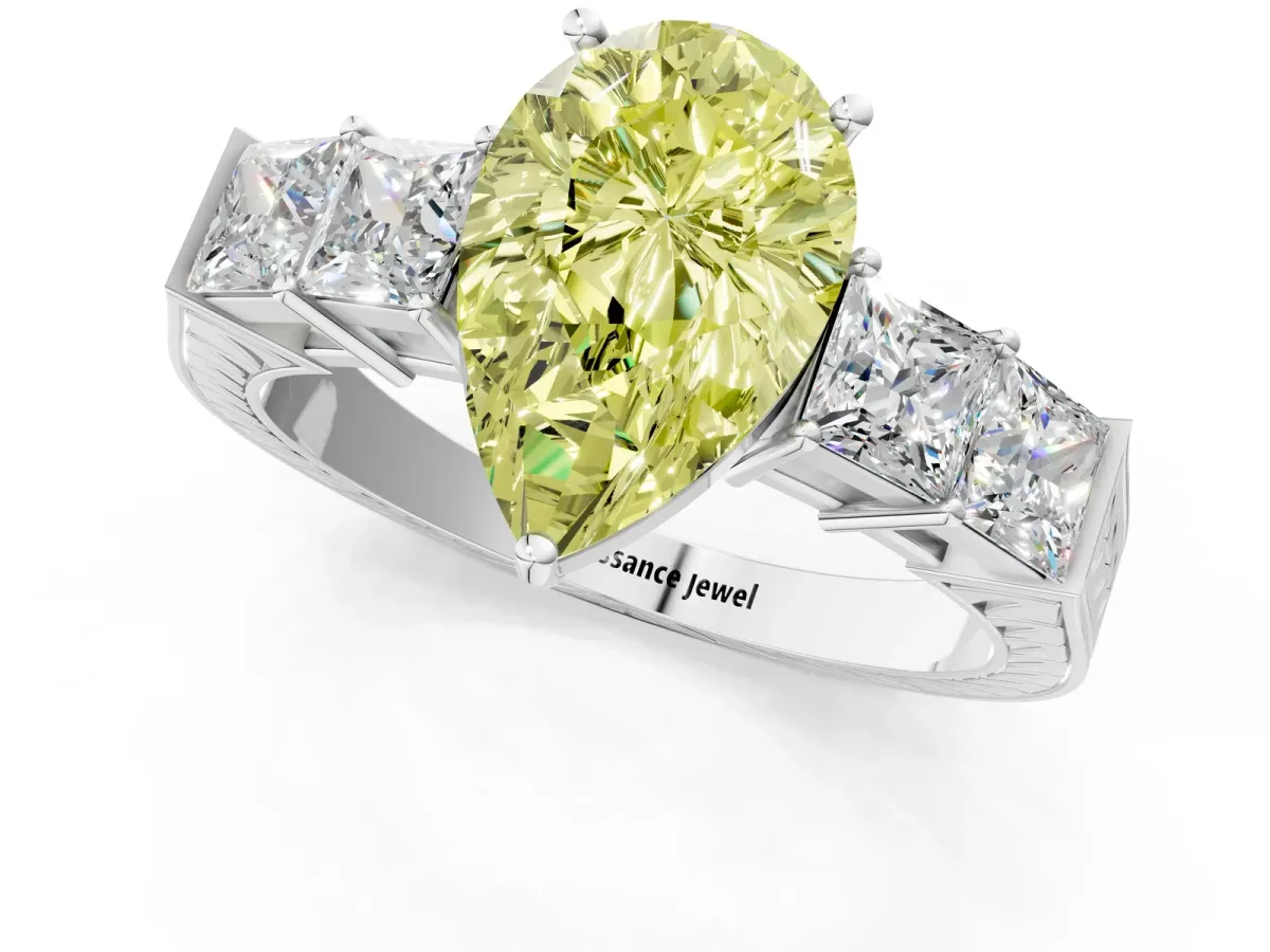 Fancy Yellow Pear Cut Solitaire Princess Side Stone Engraved Band Prong Setting Ring Platinum