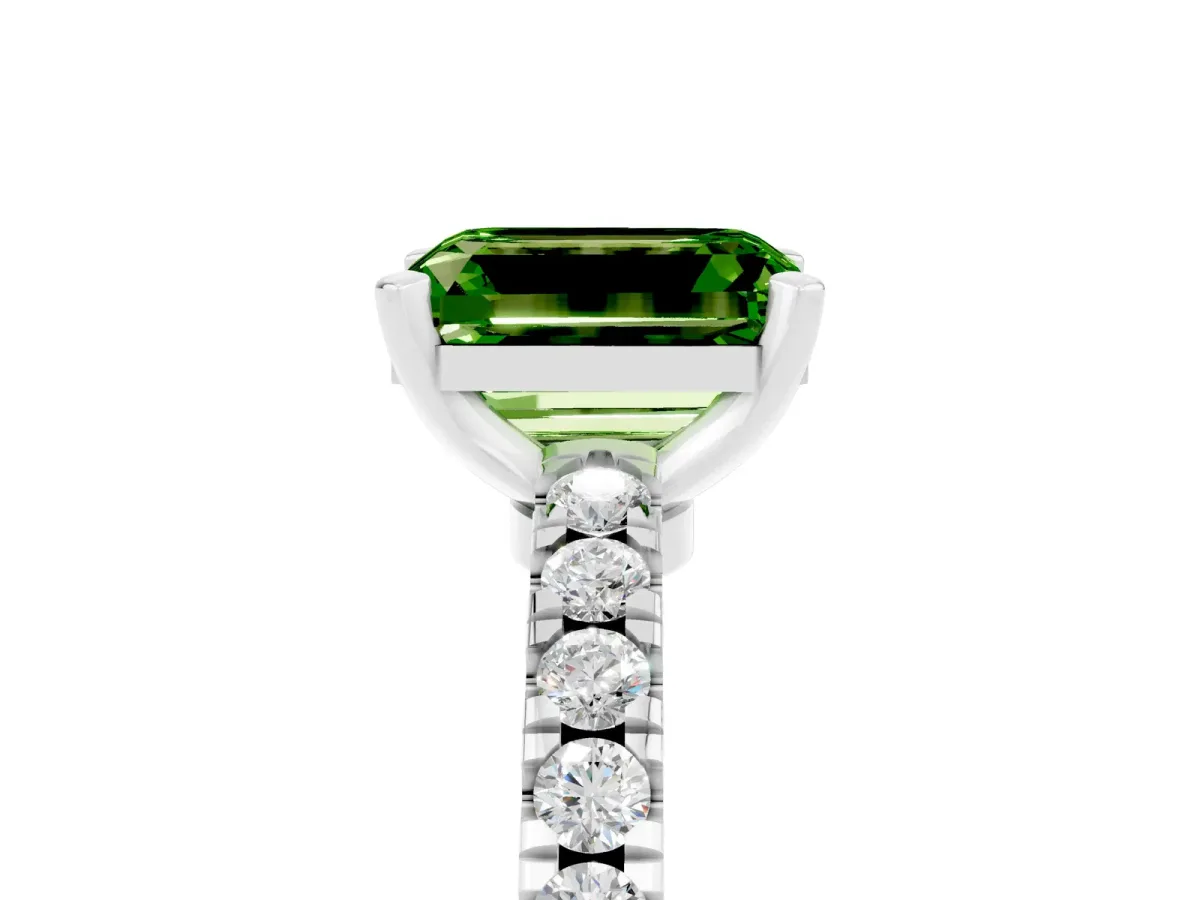 Emerald Cut Solitaire Peridot with Pavé Band and Four-Prong Setting Silver