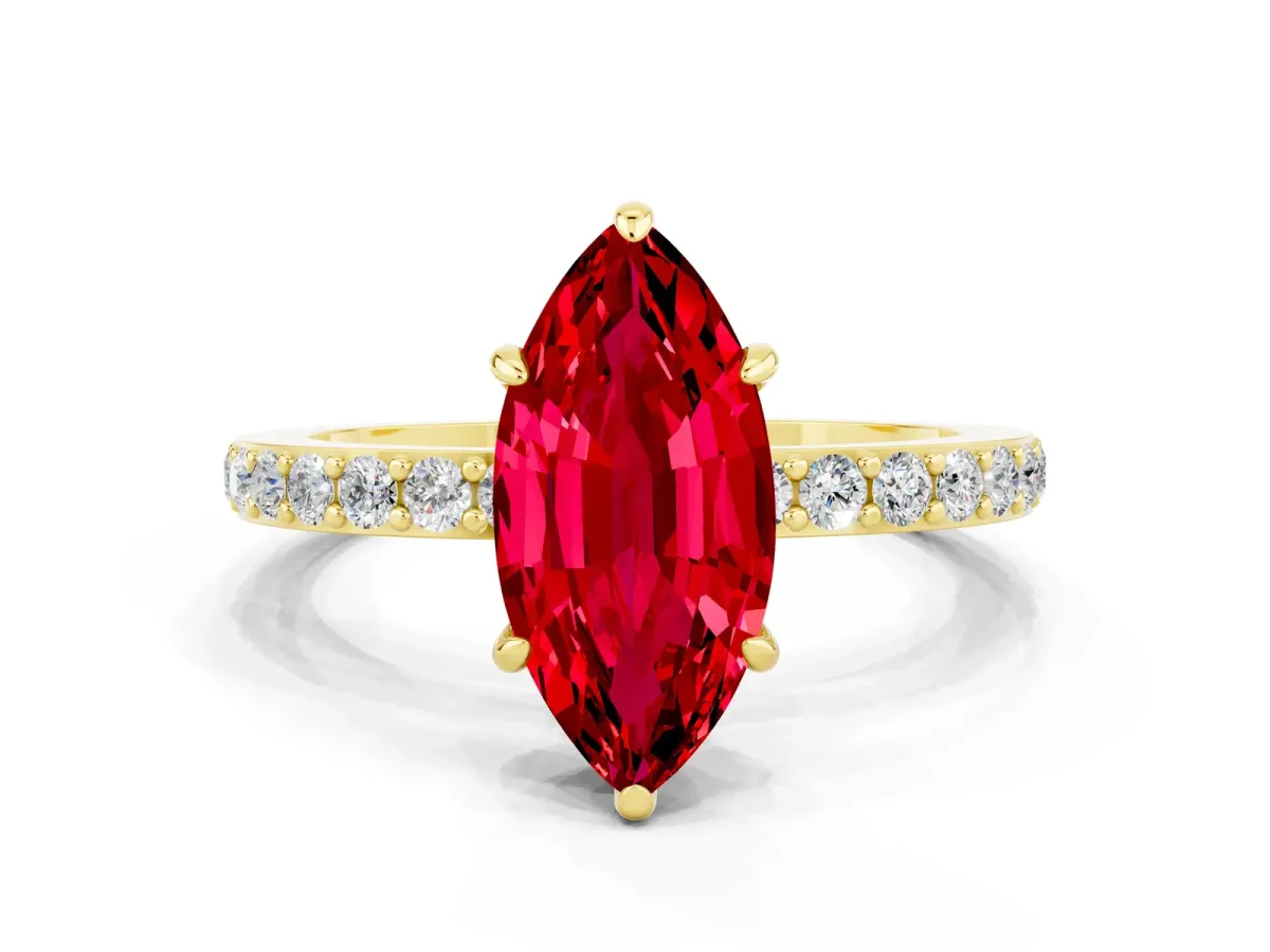 Marquise Cut Ruby Solitaire Engagement Ring with Pavé Band and Four-Prong Setting Yellow gold
