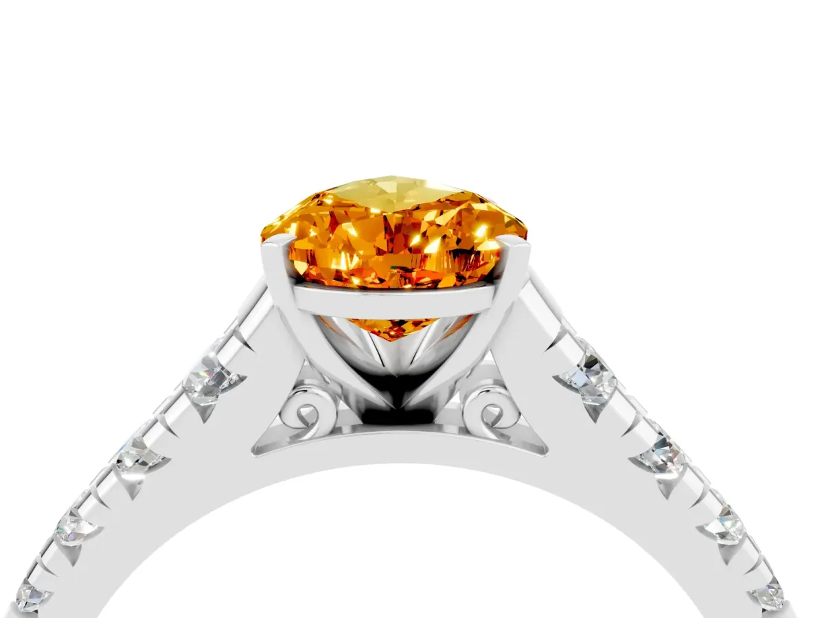 Pear Cut Citrine Cathedral Solitaire Ring with Round Pavé Band Silver