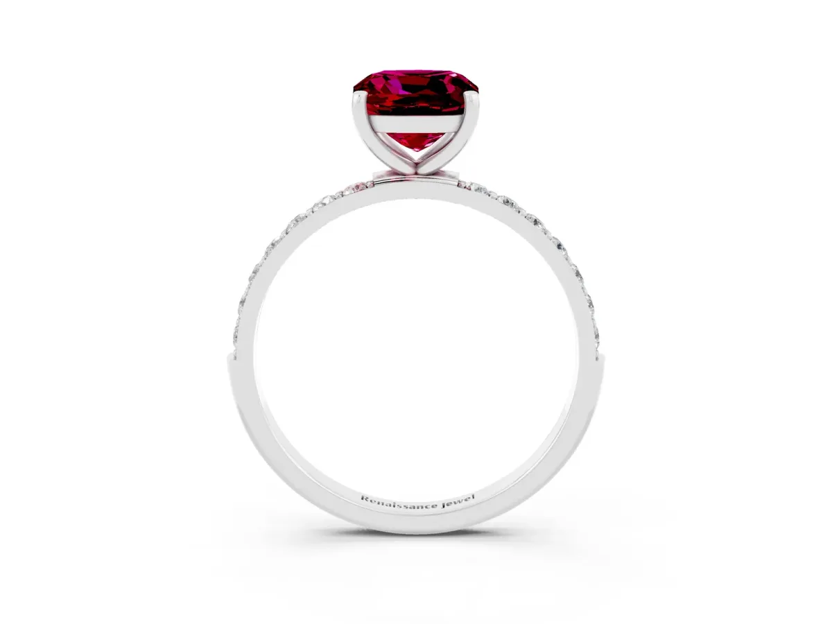 Cushion Cut Garnet Solitaire Ring with Round Pavé Band and Prong Setting Silver