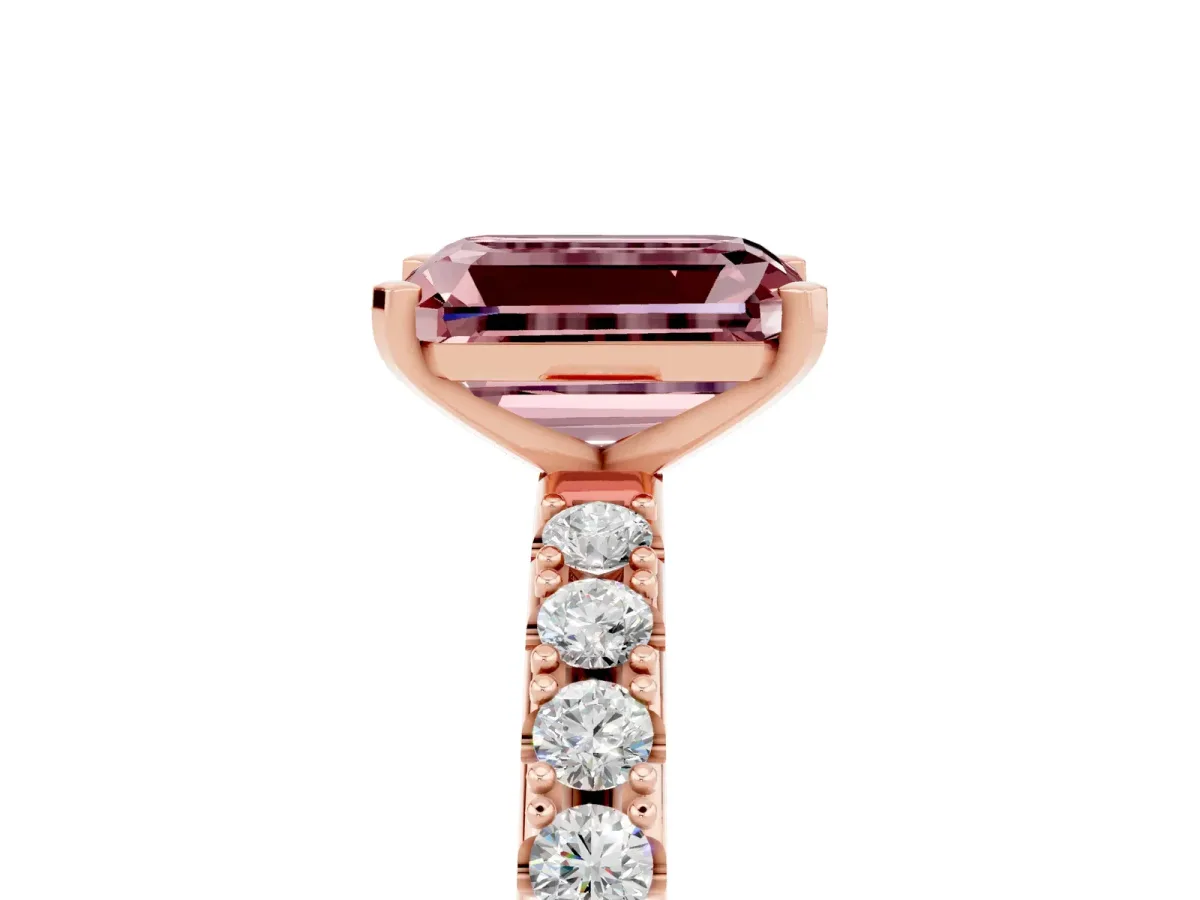 Emerald Cut Morganite Solitaire Pavé Band with Four-Prong Setting Rose gold