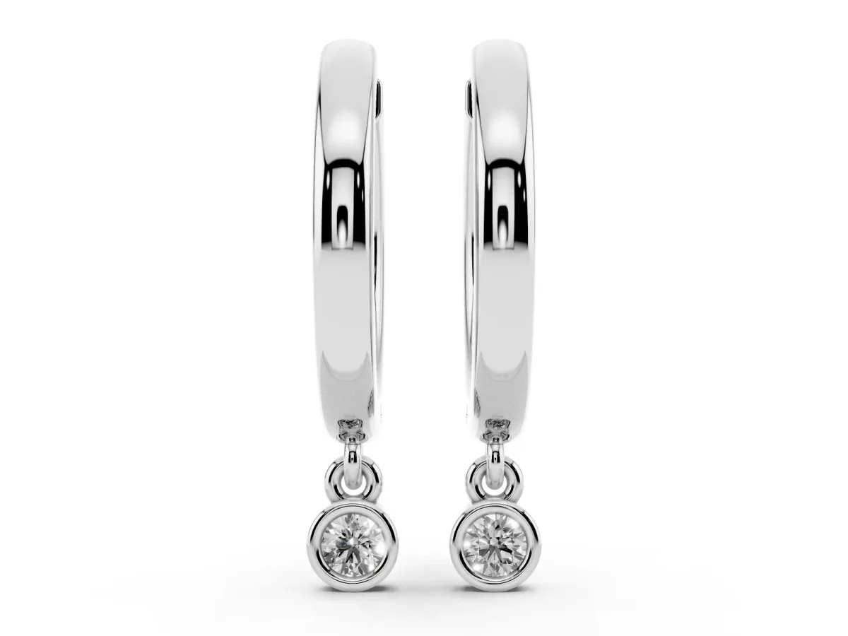 Round Diamond Bezel Drop Huggie Hoop Earrings Platinum