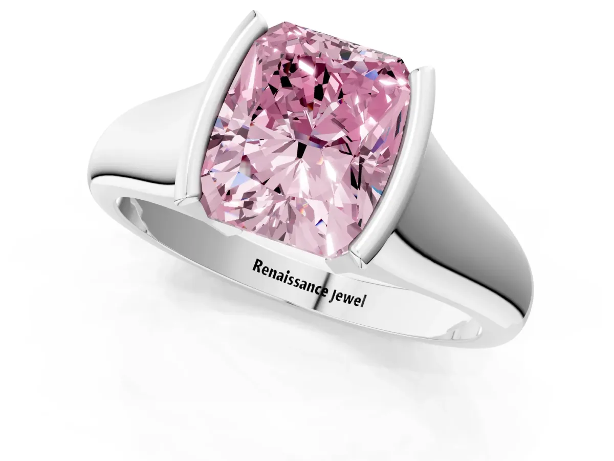 Fancy Pink Radiant Cut Solitaire Tension Set Diamond Ring with Split Shank Band Platinum