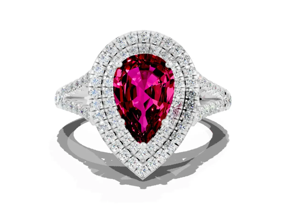 Pear Cut Garnet Double Halo Ring with Pavé Band and Prong Setting Silver