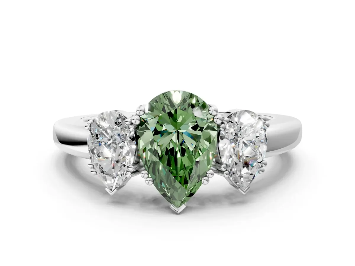 Fancy Green Three-Stone Pear Cut Cut Diamond Ring with Channel Set Band and Four-Prong Setting Silver
