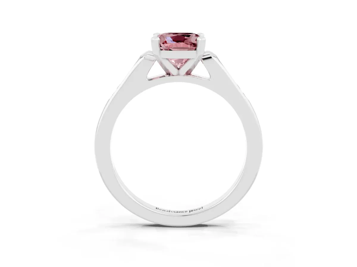 Cushion Cut Morganite Solitaire Ring with Channel Set Round Band and Prong Setting Silver