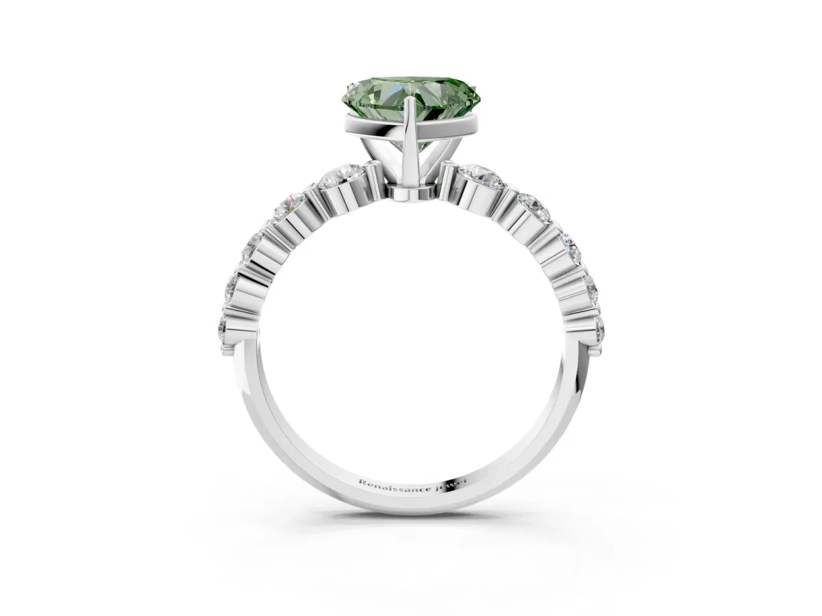 Fancy Green Heart Cut Solitaire Diamond Ring with Pave Band and Four-Prong Setting Silver