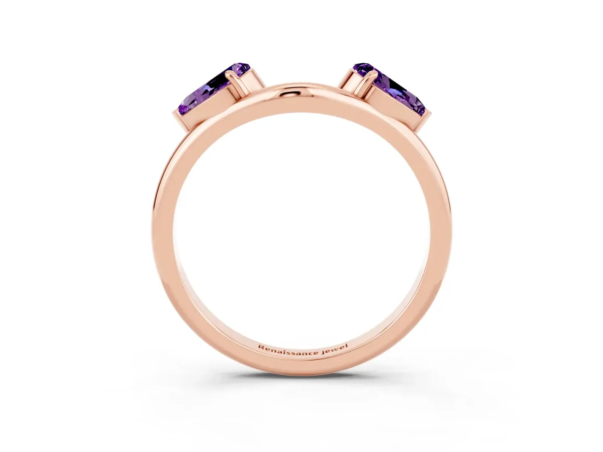 Two-Stone Pear Amethyst Bypass Ring with Prong Setting Rose gold