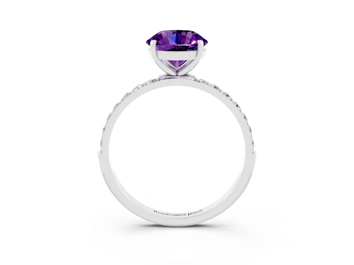 Round Cut Amethyst Solitaire Ring with Round Pavé Band and Prong Setting Platinum
