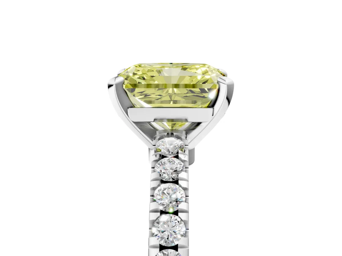 Fancy Yellow Radiant Cut Solitaire Diamond with Pavé Band and Four-Prong Setting Silver