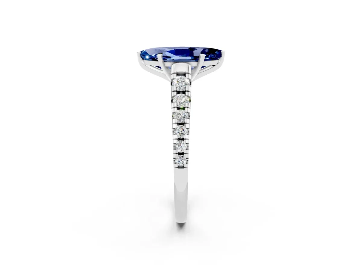 Marquise Cut Blue Sapphire Cathedral Solitaire Ring with Round Pavé Band Silver