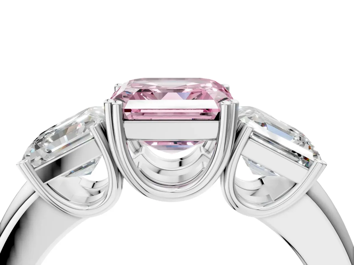 Fancy Pink Three-Stone Asscher Cut Cut Diamond Ring with Channel Set Band and Four-Prong Setting Silver