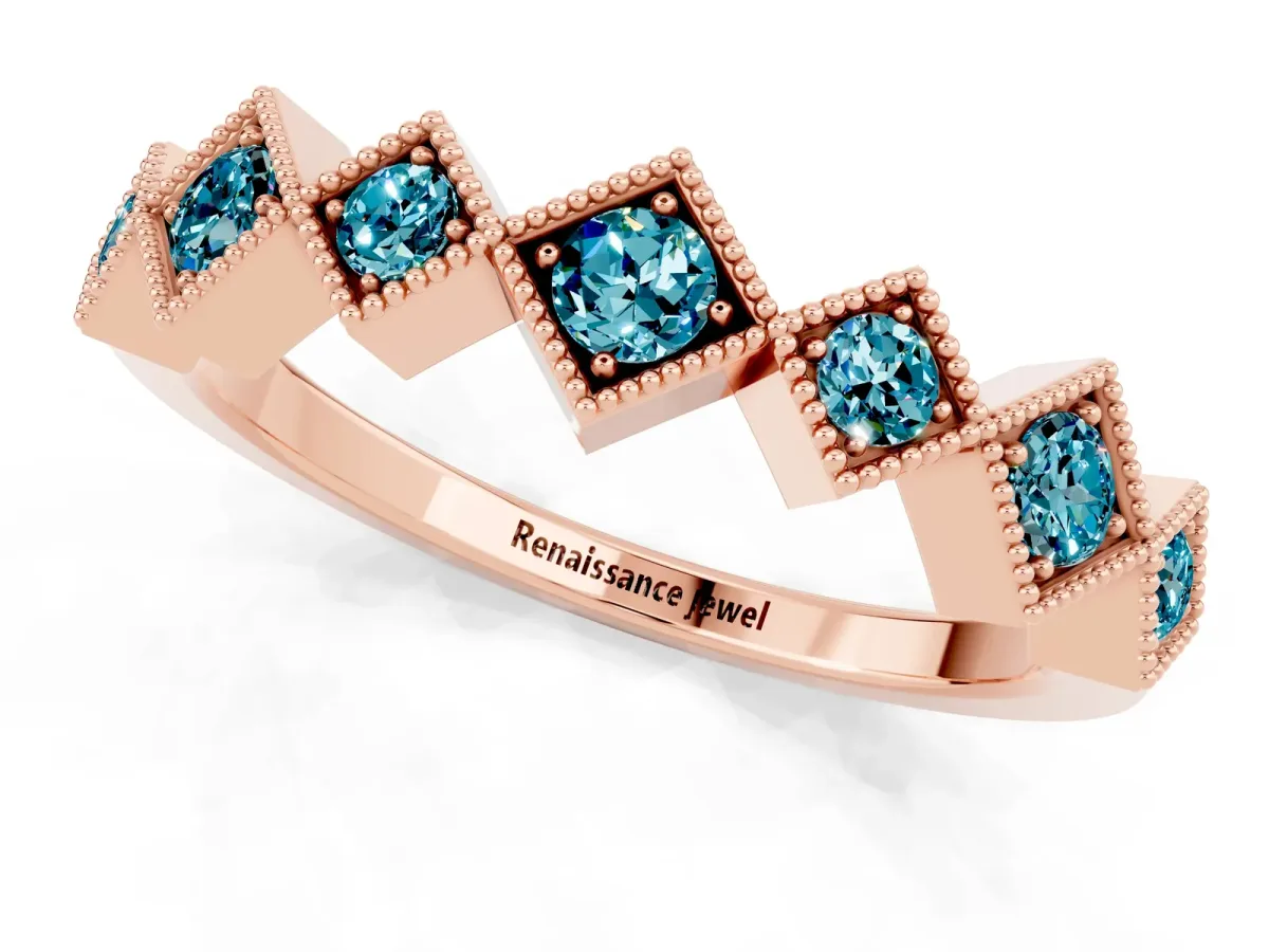 Milgrain Square Bezel Round Blue Topaz Chevron Band Rose gold