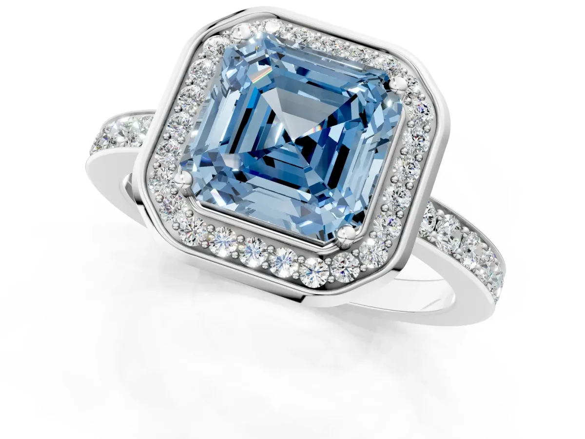 Fancy Blue Asscher Cut Diamond Halo Ring with Bezel Frame and Pavé Band Platinum