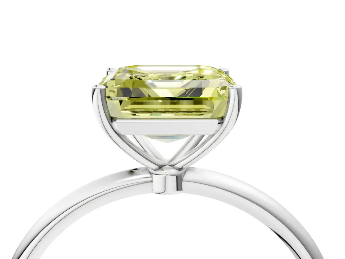 Fancy Yellow Asscher Cut Cut Solitaire Engagement Ring with Thin Band and Four-Prong Setting Platinum