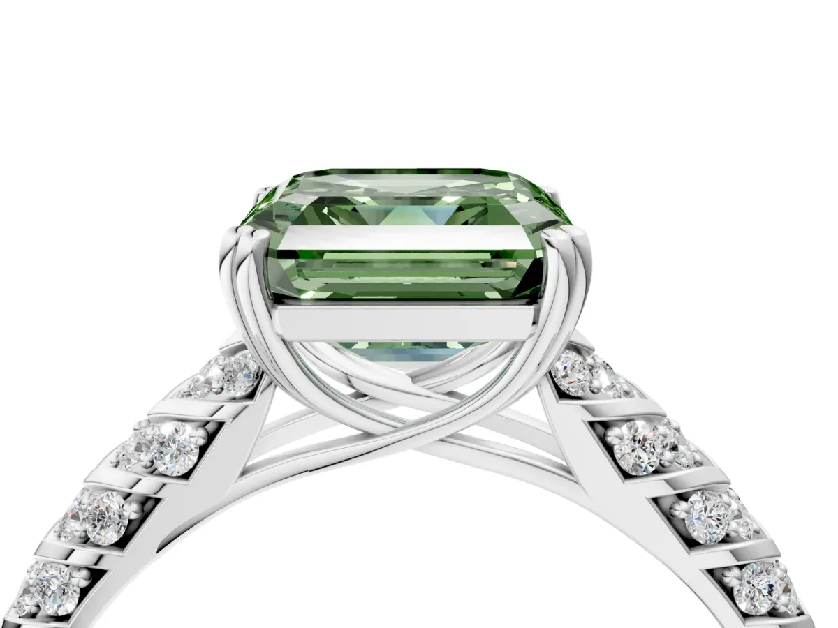 Fancy Green Asscher Cut Solitaire Chevron Pave Diamond Engagement Ring with Six-Prong Setting Platinum