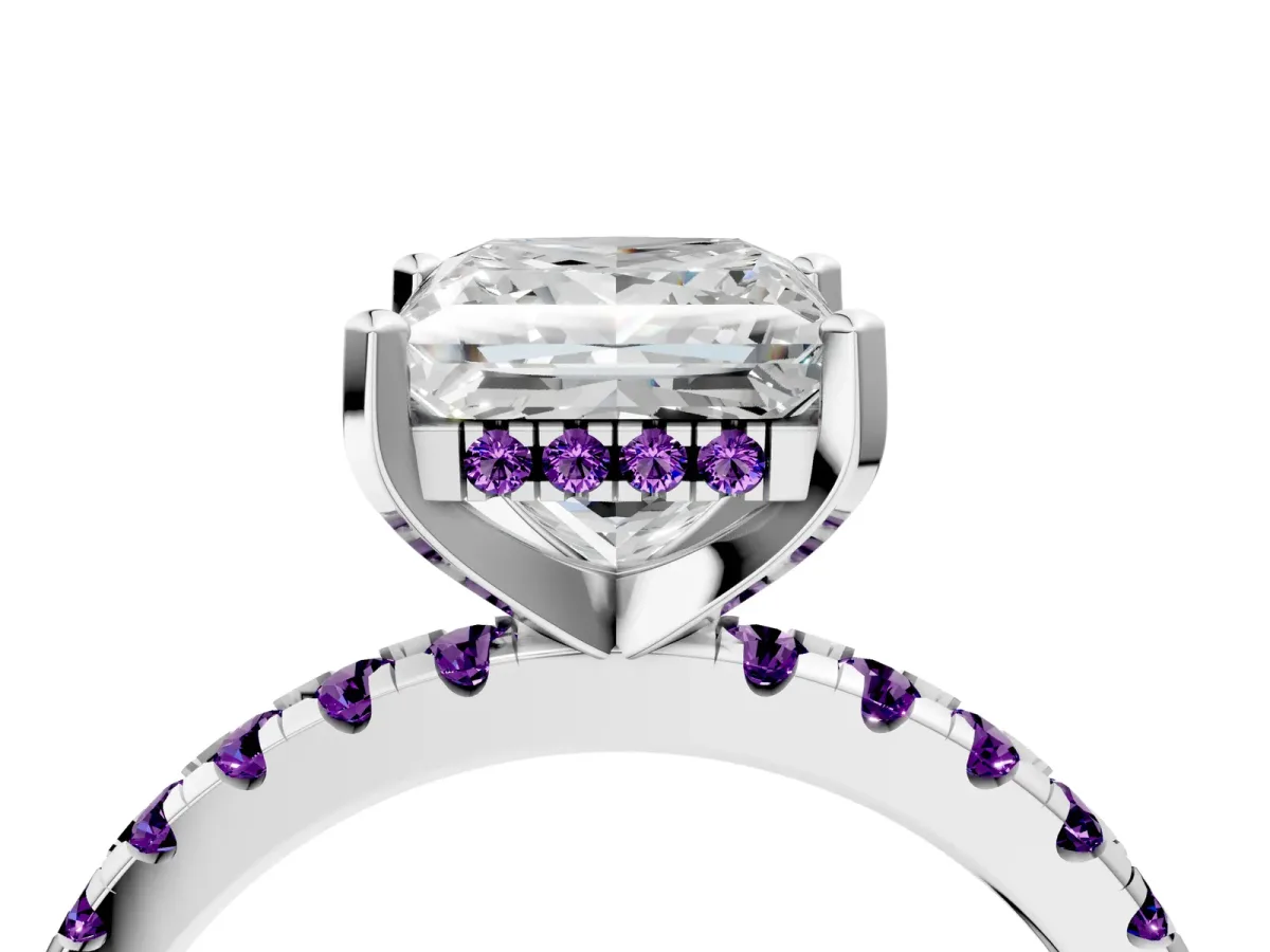 Princess Cut Diamond Solitaire Ring with Round Amethyst Pavé Band and Four-Prong Setting Silver
