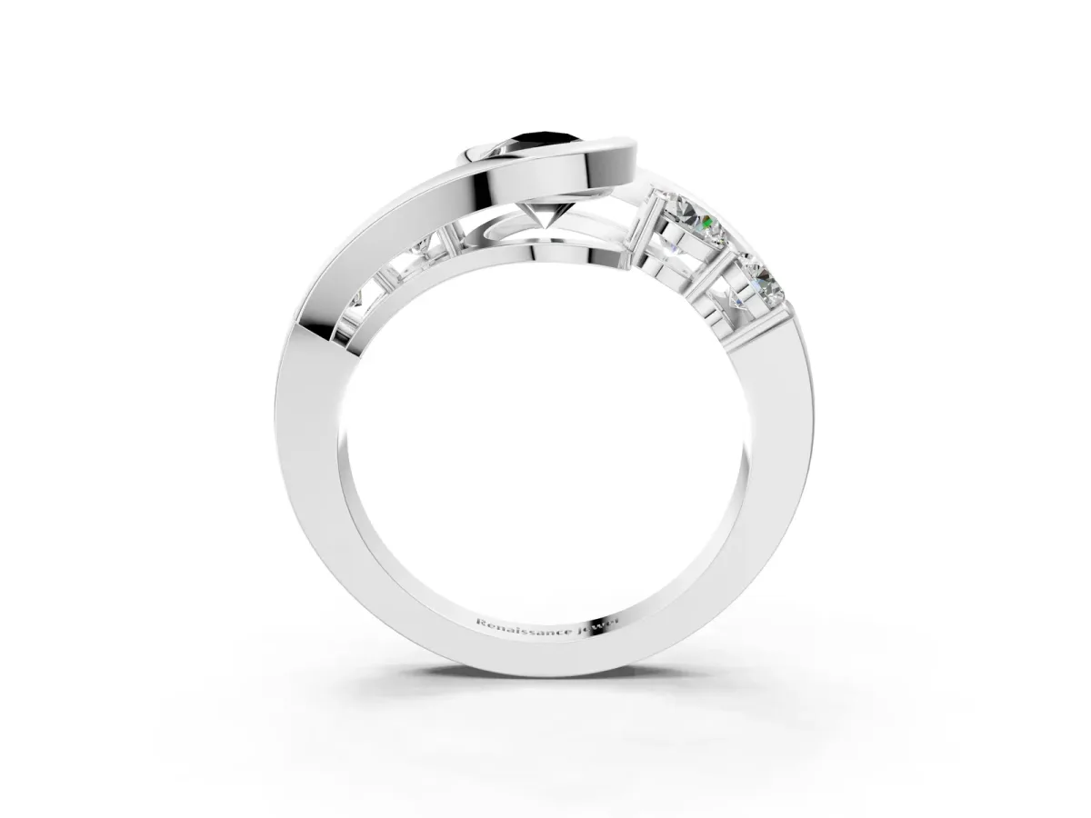 Fancy Black Bezel Set Pear Cut Diamond Bypass Ring with Round Accents Silver