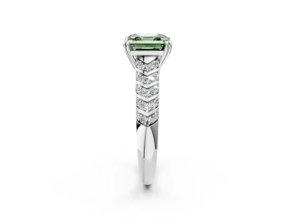 Fancy Green Asscher Cut Solitaire Chevron Pave Diamond Engagement Ring with Six-Prong Setting Platinum