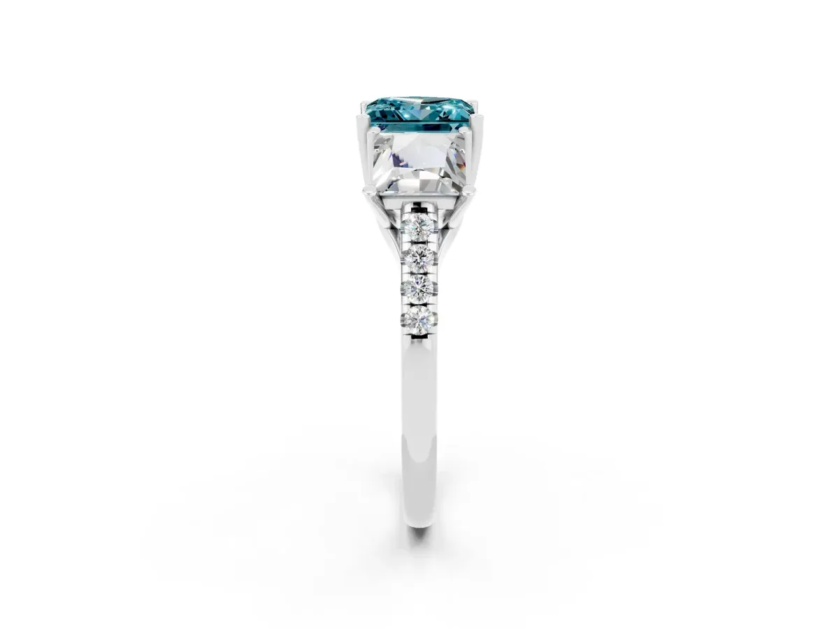 Three-Stone Princess Cut Blue Topaz Ring with Round Pavé Band and Prong Setting Silver