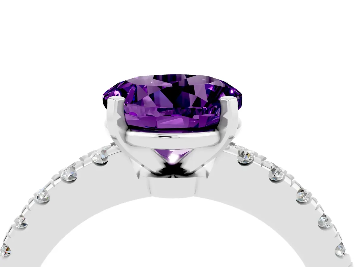 Round Cut Solitaire Amethyst with Pavé Band and Four-Prong Setting Silver