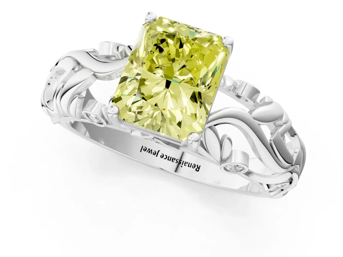Fancy Yellow Radiant Cut Solitaire Diamond Leaf-Inspired Vine Band Ring with Prong Setting Platinum